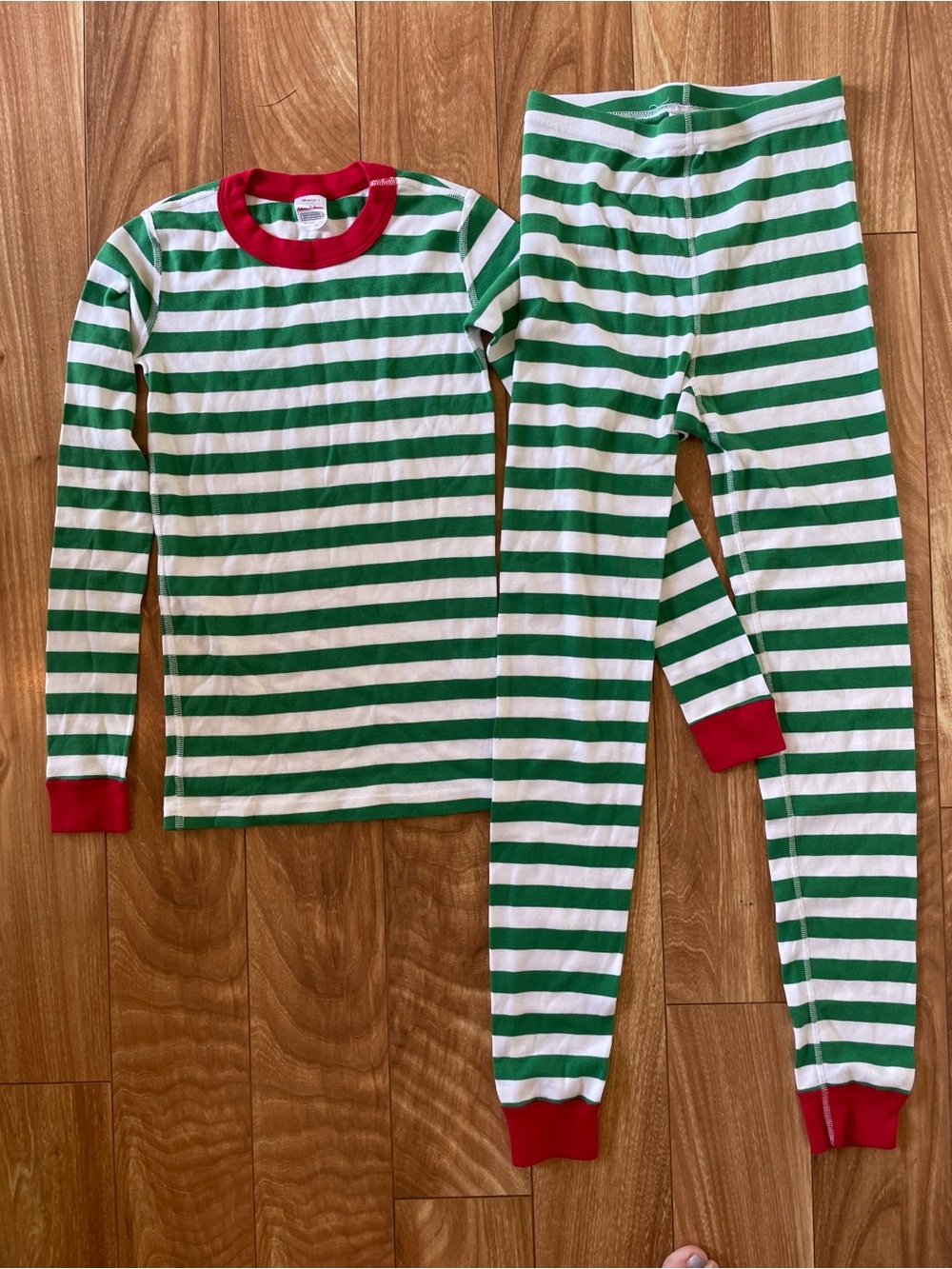 Hanna Andersson Green & White Striped Cotton Pajama Set with Red Trim Size 12